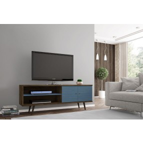 Manhattan Comfort Liberty 62.99 Mid-Century Modern TV Stand and Panel with Solid Wood Legs in Rustic Brown and Aqua Blue