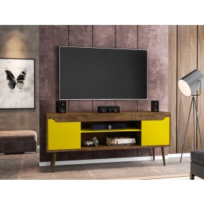 Manhattan Comfort Bradley 62.99 TV Stand Rustic Brown and Yellow with 2 Media Shelves and 2 Storage Shelves in Rustic Brown and Yellow with Solid Wood Legs Front