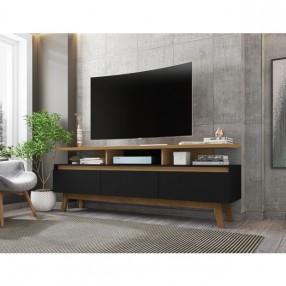 Manhattan Comfort Yonkers 70.86 TV Stand with Solid Wood Legs and 6 Media and Storage Compartments in Black and Cinnamon