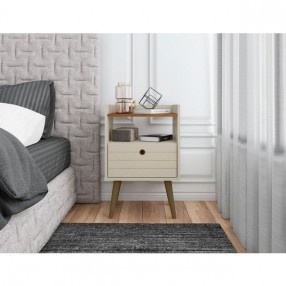 Manhattan Comfort Bogart Mid-Century Modern Nightstand in Off-White and Nature