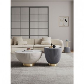 Manhattan Comfort Modern Anderson Coffee Table, End Table 1.0, and End Table 2.0 Upholstered in Cream and Grey Leatherette with Ceramic Faux Tabletop and Gold Metal Tabletop- Set of 3