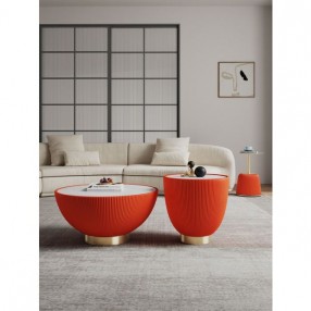 Manhattan Comfort Modern Anderson Coffee Table, End Table 1.0, and End Table 2.0 Upholstered in Orange Leatherette with Ceramic Faux Tabletop and Gold Metal Tabletop- Set of 3