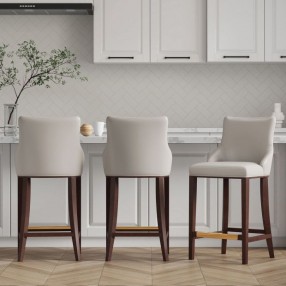 Manhattan Comfort Modern Shubert Barstool Upholstered In Light Grey Leatherette with Beech Wood Legs - Set of 3