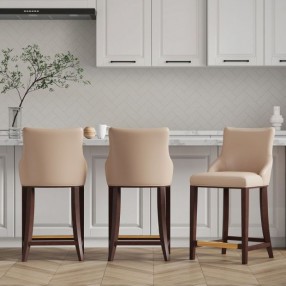 Manhattan Comfort Modern Shubert Counter Stool Upholstered In Tan Leatherette with Beech Wood Legs - Set of 3