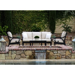 Sunset West Aluminum Monterey Sofa with Club Chairs and Coffee Table - Lifestyle
