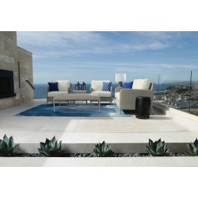 Sunset West Manhattan Wicker Loveseat with Club Chairs, Coffee Table and End Table - Lifestyle