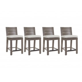 Sunset West Laguna Aluminum Barstool With Cushions In Canvas Flax - Set in Front Side Angle