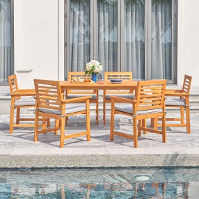 Vifah Waimea Honey 7-Piece Slatted Eucalyptus Wood Patio Dining Set with Cushion, Front Angle