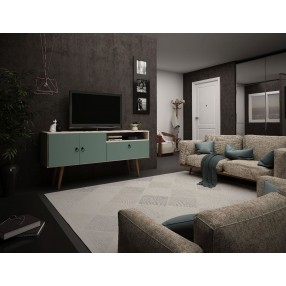 Manhattan Comfort Tribeca 53.94 Mid-Century Modern TV Stand with Solid Wood Legs in Off White and Green Mint