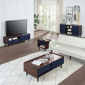 Manhattan Comfort Duane Modern Ribbed 4 Piece Living Room Set: Sideboard, TV Stand, Coffee Table, End Table in Dark Brown And Blue