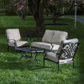Alfresco Home Newbury Cast Aluminum Deep Seating Set with Coffee Table, Loveseat with Cushions, and 2 Lounge Chairs with Cushions