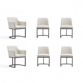 Manhattan Comfort Modern Serena 6 Piece Dining Set Upholstered in Leatherette with Steel Legs In Cream