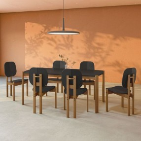 Manhattan Comfort Mid-Century Modern Gales 70.87 Dining Table with Solid Wood Legs - Set of 7 Black
