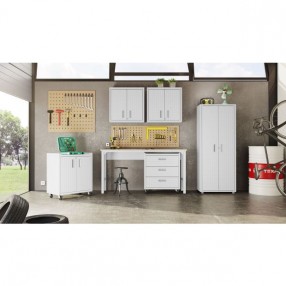 Manhattan Comfort 6-Piece Fortress Textured Garage Set with Cabinets, Wall Units and Table in White