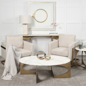 Mercana Reinhold 49" Round White Marble Top Gold Metal Base Coffee Table 