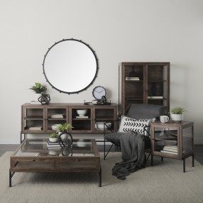 Mercana Arelius 36L x 18W x 63H Medium Brown Wood W/ Black Metal Base Display Cabinet 2