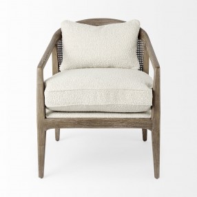 Mercana Landon 25.6L x 29.1W x 30.5H Light Brown Wood With Cream Fabric Seat and Cane Back Accent Chair Front