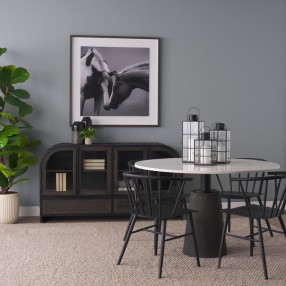 Mercana Maxwell 48L x 48W x 30H White Marble Round Top With Black Metal and Wood Pedestal Base Dining Table 2