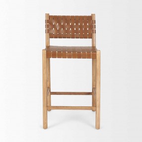 Mercana Shane Brown Wood With Woven Brown Leather Counter Stool Front