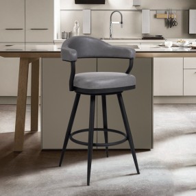 Armen Living Amador 30" Bar Height Barstool in a Black Powder Coated Finish and Vintage Faux Gray Leather