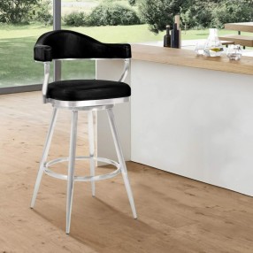 Armen Living Amador 26" Counter Height Barstool in Brushed Stainless Steel and Vintage Black Faux Leather