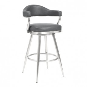 Armen Living Amador 30" Bar Height Barstool in Brushed Stainless Steel and Vintage Gray Faux Leather Front