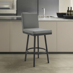 Armen Living Rochester Swivel Modern Black Metal And Grey Faux Leather Barstool