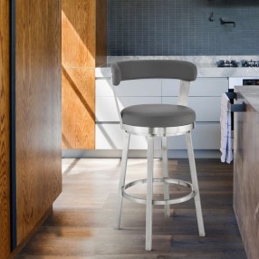 Armen Living Kobe Swivel Bar Stool in Brushed Stainless Steel Finish and Gray Faux Leather