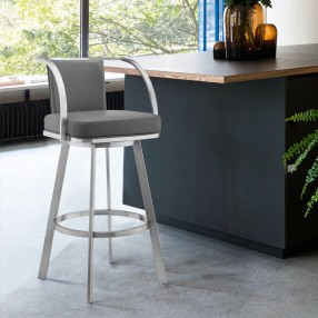 Armen Living Sandringham Gray Faux Leather and Brushed Stainless Steel Swivel Bar Stool