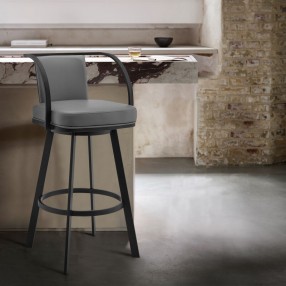 Armen Living Sandringham Gray Faux Leather and Black Metal Swivel Bar Stool