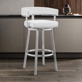 Cohen White Faux Leather and Brushed Stainless Steel Swivel Bar Stool