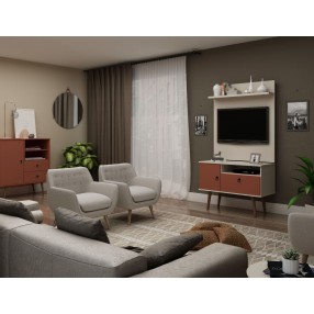 Manhattan Comfort Tribeca 35.43 Mid-Century Modern TV Stand and Panel with Media and Display Shelves in Off White and Terra Orange Pink