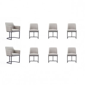 Manhattan Comfort Modern Serena 8 Piece Dining Set Upholstered in Leatherette with Steel Legs In Light Grey