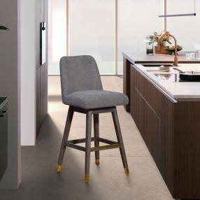 Armen Living Amalie Swivel Bar Stool in Gray & Brown Oak Wood Finish with Mocha Boucle Fabric