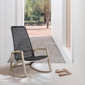 Armen Living Sequoia Outdoor Patio Rocking Chair in Light Eucalyptus Wood and Charcoal Rope