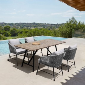 Armen Living Calica Outdoor Patio Dining Chair In Black Metal And Grey Rope