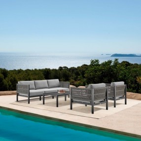 Armen Living Cuffay 4 Piece Outdoor Patio Furniture Set in Black Aluminum and Rope with Gray Cushions-