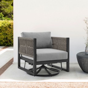 Armen Living Cuffay Outdoor Patio Swivel Lounge Chair in Black Aluminum with Rope and Cushions