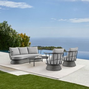 Armen Living Monk 4 Piece Outdoor Patio Furniture Set in Black Aluminum and Grey Wicker with Grey Cushions