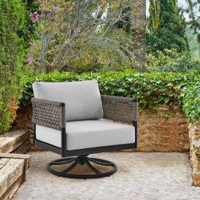 Armen Living Felicia Outdoor Patio Swivel Rocking Chair in Black Aluminum and Grey Rope with Cushions