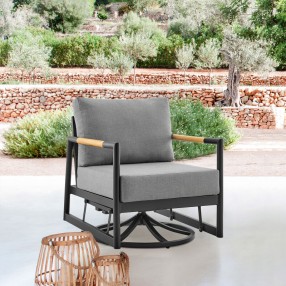 Armen Living Royal Outdoor Patio Swivel Glider Lounge Chair in Black Aluminum and Teak Wood with Cushions