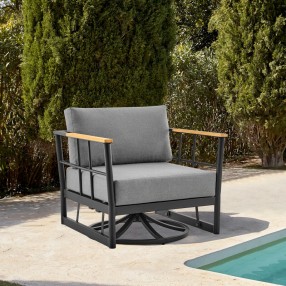 Armen Living Shari Outdoor Patio Swivel Glider Lounge Chair in Black Aluminum and Teak Wood with Cushions
