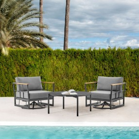 Armen Living Shari and Tiffany 3 Piece Patio Outdoor Swivel Seating Set in Black Aluminum with Grey Cushions
