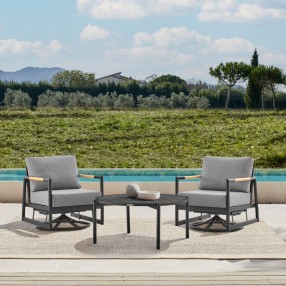 Armen Living Royal and Tiffany 3 Piece Outdoor Patio Swivel Seating Set in Black Aluminum with Teak Wood and Grey Cushions