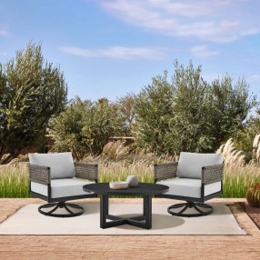 Armen Living Felicia and Argiope 3 Piece Patio Outdoor Swivel Seating Set in Black Aluminum with Grey Rope and Cushions