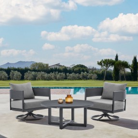 Armen Living Argiope 3 Piece Patio Outdoor Swivel Seating Set in Dark Grey Aluminum with Grey Cushions
