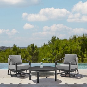 Armen Living Aileen 3 Piece Patio Outdoor Swivel Seating Set in Black Aluminum with Grey Wicker and Cushions