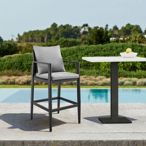 Armen Living Grand Outdoor Patio Counter or Bar Height Bar Stool in Aluminum with Grey Cushions
