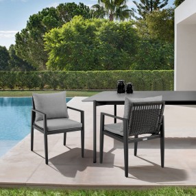 Armen Living Grand Outdoor Patio Dining Chairs With Arms In Aluminum With Grey Cushions - Set of 2