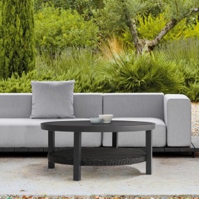 Armen Living Grand Black Aluminum Outdoor Round Conversation Table with Wicker Shelf